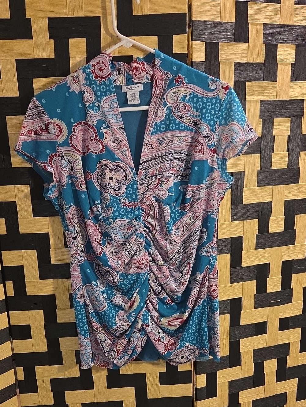 Bisou Bisou Teal Paisley Maternity Top with Red Accents